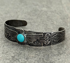 OLD FRED HARVEY ERA THUNDERBIRD Navajo Turquoise Sterling silver Bracelet 7 in - Additional view 2