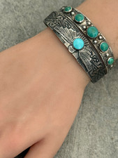 OLD FRED HARVEY ERA THUNDERBIRD Navajo Turquoise Sterling silver Bracelet 7 in - Additional view 4