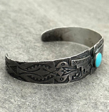 OLD FRED HARVEY ERA THUNDERBIRD Navajo Turquoise Sterling silver Bracelet 7 in - Additional view 5
