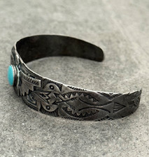 OLD FRED HARVEY ERA THUNDERBIRD Navajo Turquoise Sterling silver Bracelet 7 in - Additional view 6