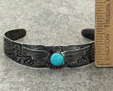 OLD FRED HARVEY ERA THUNDERBIRD Navajo Turquoise Sterling silver Bracelet 7 in - Additional view 10