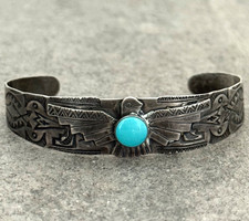 OLD FRED HARVEY ERA THUNDERBIRD Navajo Turquoise Sterling silver Bracelet 7 in