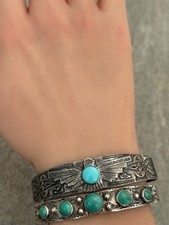 OLD FRED HARVEY ERA Navajo Turquoise THUNDERBIRD Sterling Bracelet 6.6 in - Additional view 2