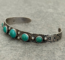 OLD FRED HARVEY ERA Navajo Turquoise THUNDERBIRD Sterling Bracelet 6.6 in - Additional view 3