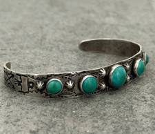 OLD FRED HARVEY ERA Navajo Turquoise THUNDERBIRD Sterling Bracelet 6.6 in - Additional view 4