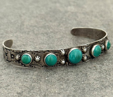 OLD FRED HARVEY ERA Navajo Turquoise THUNDERBIRD Sterling Bracelet 6.6 in