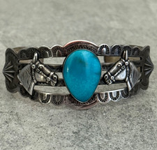 RARE Vintage FRED HARVEY ERA Navajo Turquoise HORSE REPOUSSE Sterling Bracelet
