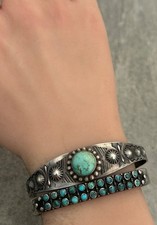 OLD FRED HARVEY ERA Navajo Turquoise THUNDERBIRD Sterling Bracelet 6.75 in - Additional view 1