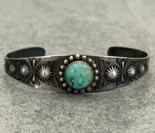 OLD FRED HARVEY ERA Navajo Turquoise THUNDERBIRD Sterling Bracelet 6.75 in