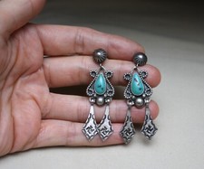 Vintage Whirling Logs Navajo Native American Sterling Silver Turquoise Earrings - Additional view 2