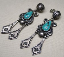 Vintage Whirling Logs Navajo Native American Sterling Silver Turquoise Earrings