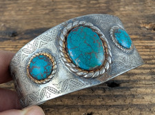 Turquoise Fred Harvey Era Navajo Stamped Nickel Silver Cuff - Additional view 1