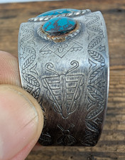 Turquoise Fred Harvey Era Navajo Stamped Nickel Silver Cuff - Additional view 3