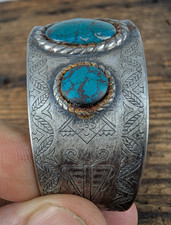 Turquoise Fred Harvey Era Navajo Stamped Nickel Silver Cuff - Additional view 4