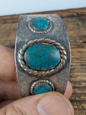Turquoise Fred Harvey Era Navajo Stamped Nickel Silver Cuff - Additional view 5