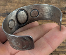 Turquoise Fred Harvey Era Navajo Stamped Nickel Silver Cuff - Additional view 6