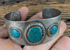 Turquoise Fred Harvey Era Navajo Stamped Nickel Silver Cuff - Additional view 7