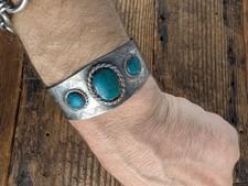 Turquoise Fred Harvey Era Navajo Stamped Nickel Silver Cuff - Additional view 8