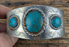 Turquoise Fred Harvey Era Navajo Stamped Nickel Silver Cuff