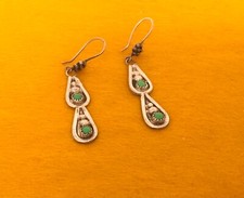 🔥Native American Fred Harvey-era Squash Blossom GREEN TURQUOISE Earrings Silver - Additional view 4