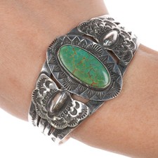 6.25" 40's-50's Navajo Curio Fred Harvey sterling cuff bracelet Green turquoise