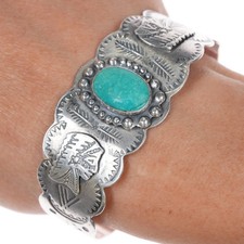 6.6" 40's-50's Fred Harvey style Indian Chief sterling turquoise cuff bracelet