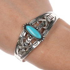 6.375" 1950's Bell Trading Post sterling and turquoise Fred Harvey Cuff Bracelet