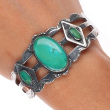 6.75" 1940 Fred Harvey type thunderbird sterling silver turquoise cuff bracelet