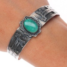6.25" c1940's Fred Harvey sterling silver turquoise dogs/snakes cuff bracelet