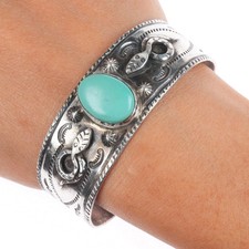 6.75" c1930 Navajo Snakes/Whirling logs Fred Harvey type cuff bracelet turquoise
