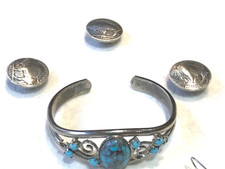 🔥Southwest 1930s Fred Harvey 600 Silver Turquoise Bracelet Earring Button Pin - Additional view 1