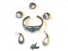 🔥Southwest 1930s Fred Harvey 600 Silver Turquoise Bracelet Earring Button Pin - Additional view 11