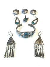 🔥Southwest 1930s Fred Harvey 600 Silver Turquoise Bracelet Earring Button Pin - Additional view 12