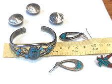 🔥Southwest 1930s Fred Harvey 600 Silver Turquoise Bracelet Earring Button Pin - Additional view 5