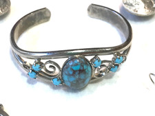 🔥Southwest 1930s Fred Harvey 600 Silver Turquoise Bracelet Earring Button Pin - Additional view 6
