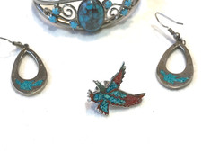 🔥Southwest 1930s Fred Harvey 600 Silver Turquoise Bracelet Earring Button Pin - Additional view 9