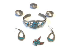 🔥Southwest 1930s Fred Harvey 600 Silver Turquoise Bracelet Earring Button Pin - Additional view 10