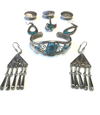 🔥Southwest 1930s Fred Harvey 600 Silver Turquoise Bracelet Earring Button Pin