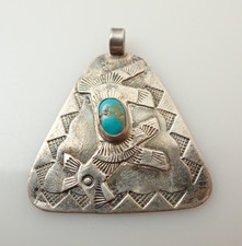 Vntage Navajo Fred Harvey Era Turquoise Dog Sterling Silver Necklace Pendant Tag - Additional view 1