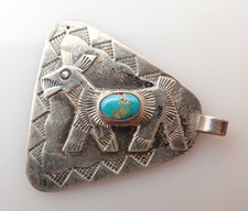 Vntage Navajo Fred Harvey Era Turquoise Dog Sterling Silver Necklace Pendant Tag