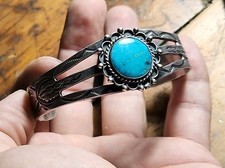 Vintage Fred Harvey Era Navajo Sterling Silver Turquoise Stamped Cuff Bracelet - Additional view 1