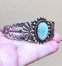 Wonderful Native American Fred Harvey Ornate Sterling Silver Turquoise Bracelet - Additional view 8