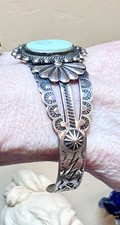 Wonderful Native American Fred Harvey Ornate Sterling Silver Turquoise Bracelet - Additional view 10
