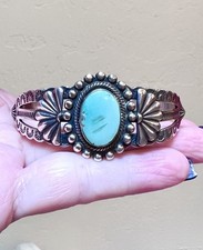 Wonderful Native American Fred Harvey Ornate Sterling Silver Turquoise Bracelet