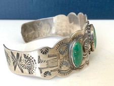 Vintage Fred Harvey Era Navajo Sterling Cerrillos Green Turquoise Cuff Bracelet - Additional view 2