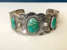 Vintage Fred Harvey Era Navajo Sterling Cerrillos Green Turquoise Cuff Bracelet - Additional view 4