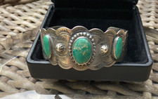 Vintage Fred Harvey Era Navajo Sterling Cerrillos Green Turquoise Cuff Bracelet - Additional view 5