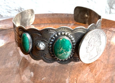 Vintage Fred Harvey Era Navajo Sterling Cerrillos Green Turquoise Cuff Bracelet - Additional view 8