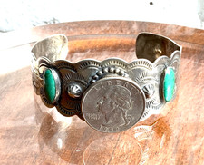 Vintage Fred Harvey Era Navajo Sterling Cerrillos Green Turquoise Cuff Bracelet - Additional view 9
