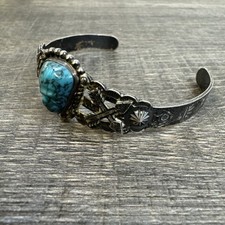 Amazing VTG Fred Harvey Era Navajo Sterling Stamped Turquoise Cuff Bracelet - Additional view 4